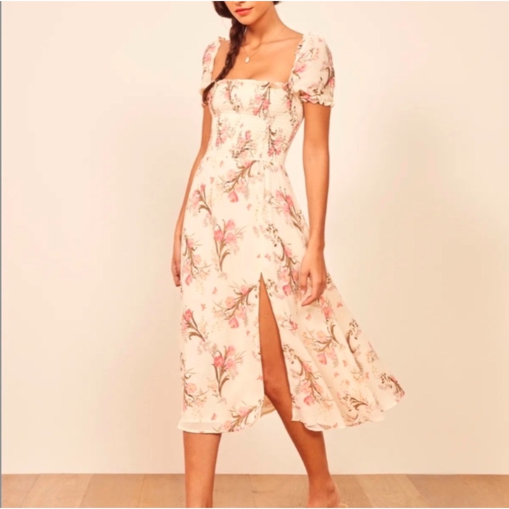 Reformation Cream and Pink Floral Midi Dress